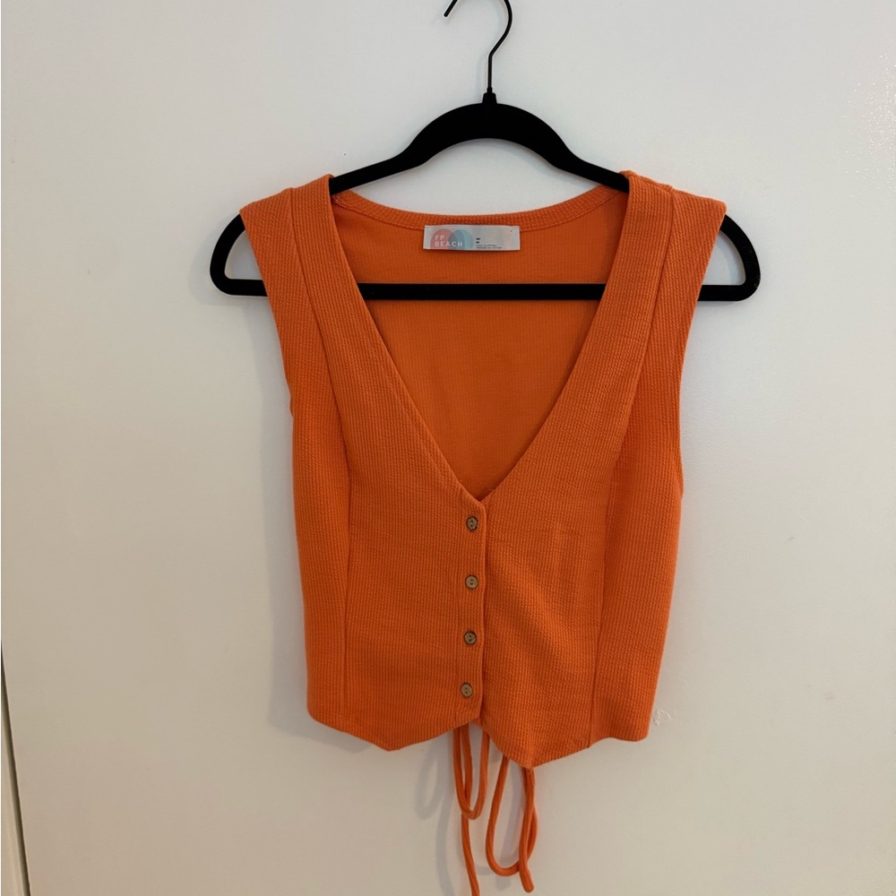 Sleeveless Orange V-Neck Buttoned Crop Top with Drawstring